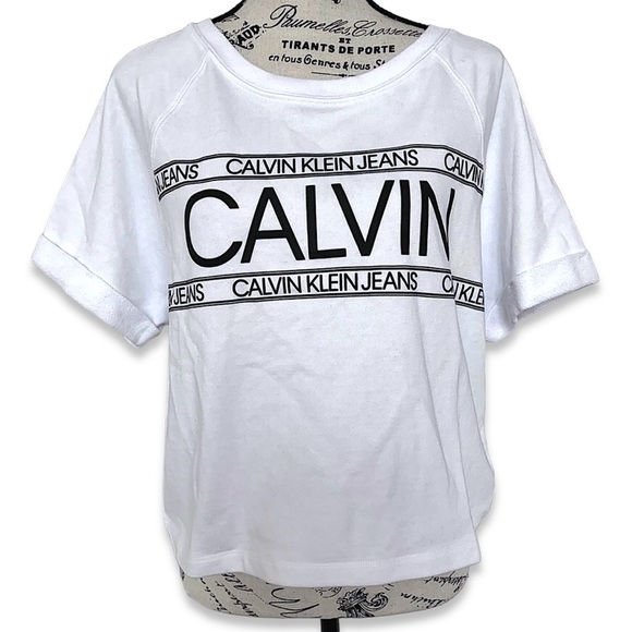 NWT Calvin Klein White Logo Short Sleeve Crop Top Size Large - Picture 3 of 13
